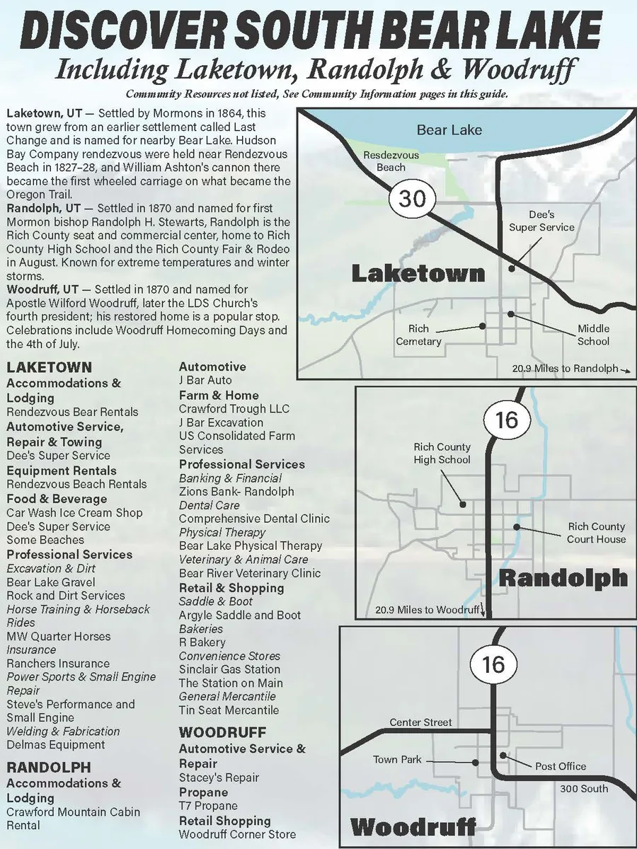 Discover South Bear Lake page with inset maps of Laketown, Randolph and Woodruff beside town histories and a business directory.