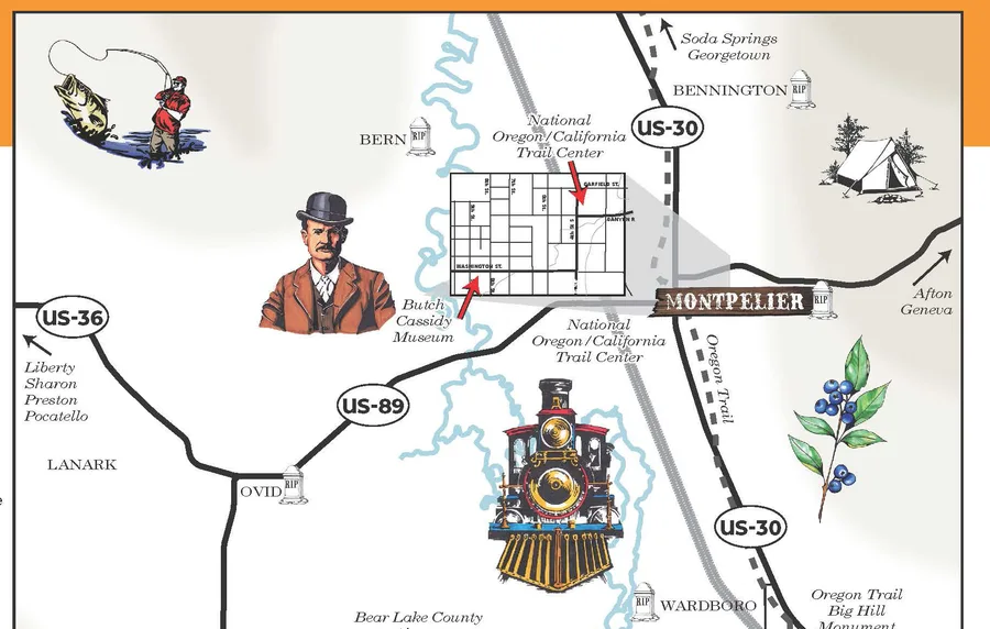 Detail of the Bear Lake historical sites map around Montpelier, with highways, the Oregon Trail, and illustrated landmarks.