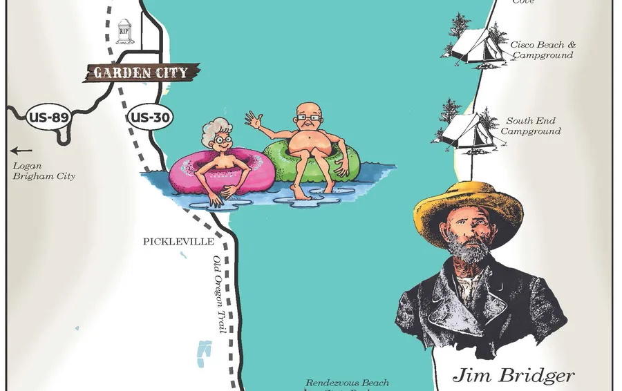 Detail of the south end of Bear Lake: Garden City, the Old Oregon Trail, campgrounds, a cartoon couple floating on inner tubes, and a portrait of Jim Bridger.