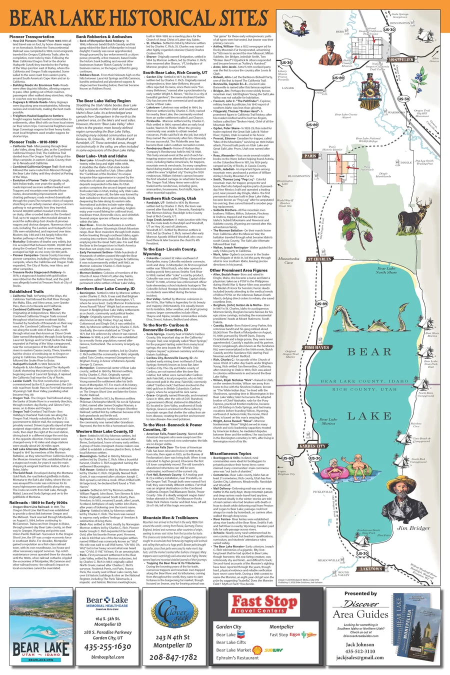 The full Bear Lake Historical Sites map: the lake at center, surrounded by columns of site histories, with sponsor ads along the bottom.