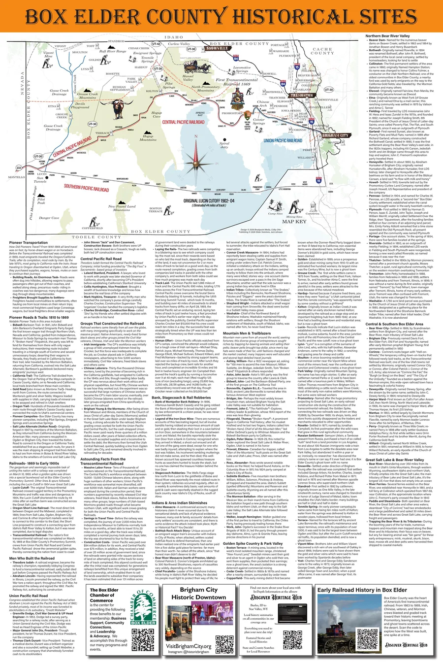 Box Elder County historical sites wall map with rail routes, the Great Salt Lake shoreline, and illustrated site markers.