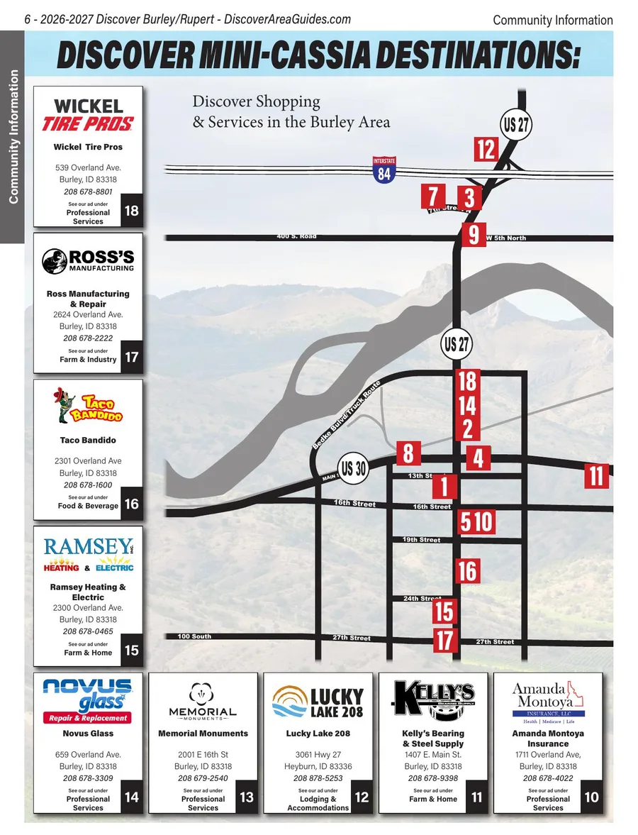 Burley area map with numbered business locations along the main streets, bordered by advertiser boxes.