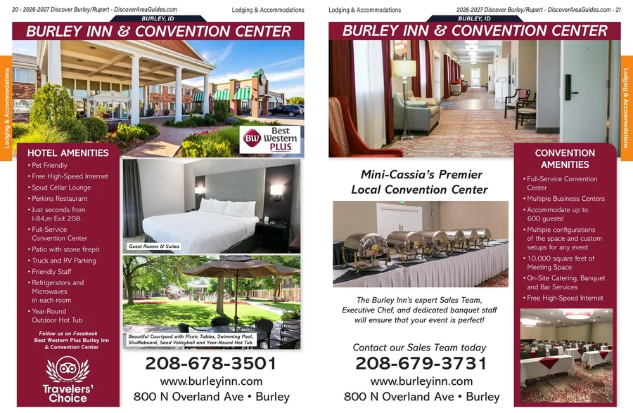 Two-page hotel advertisement with exterior and room photographs, an amenities list, and the convention centre on the facing page.