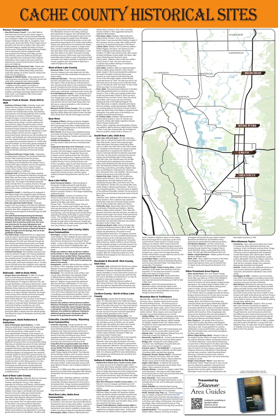 Cache County historical sites wall map with valley roads, town markers and illustrated pioneer scenes.