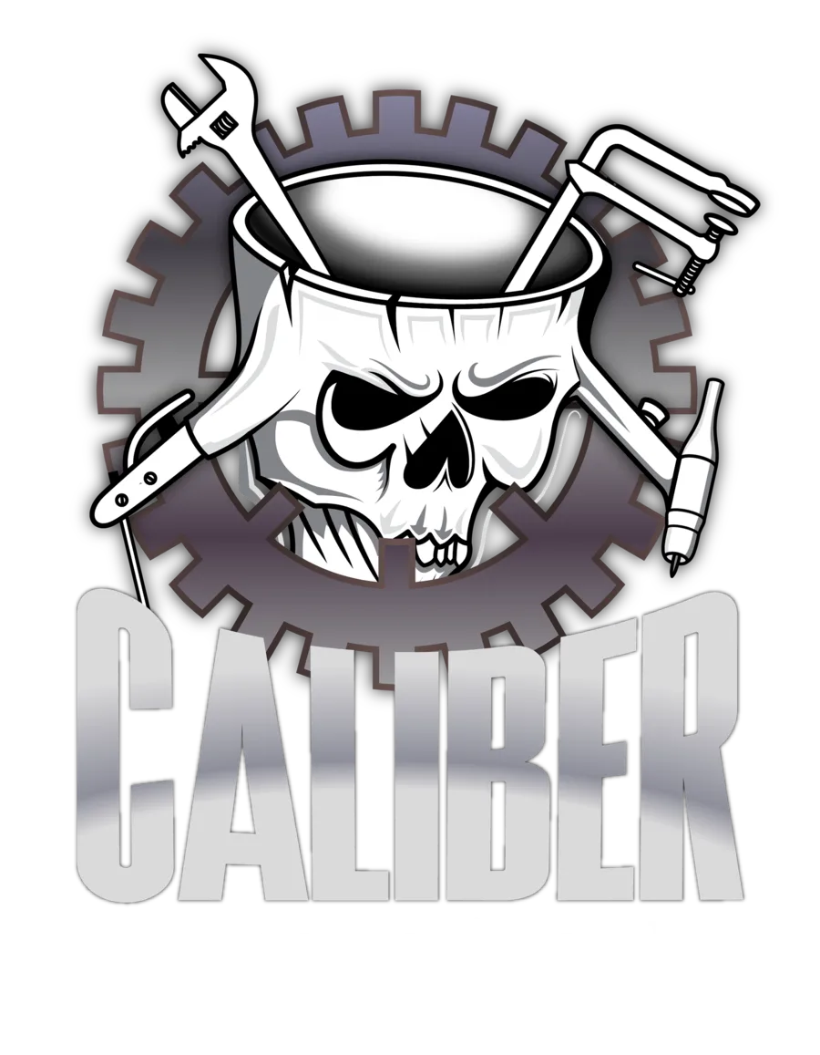 Caliber logo: a skull with a wrench and welding torch over a gear, above the name in heavy grey letters.