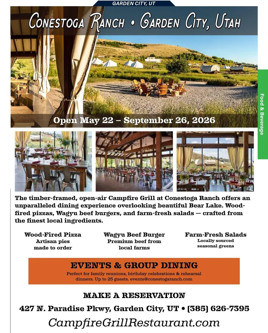 Full-page restaurant advertisement: a photograph of glamping tents and fire-pit seating above three interior dining shots, with menu highlights and reservation details.