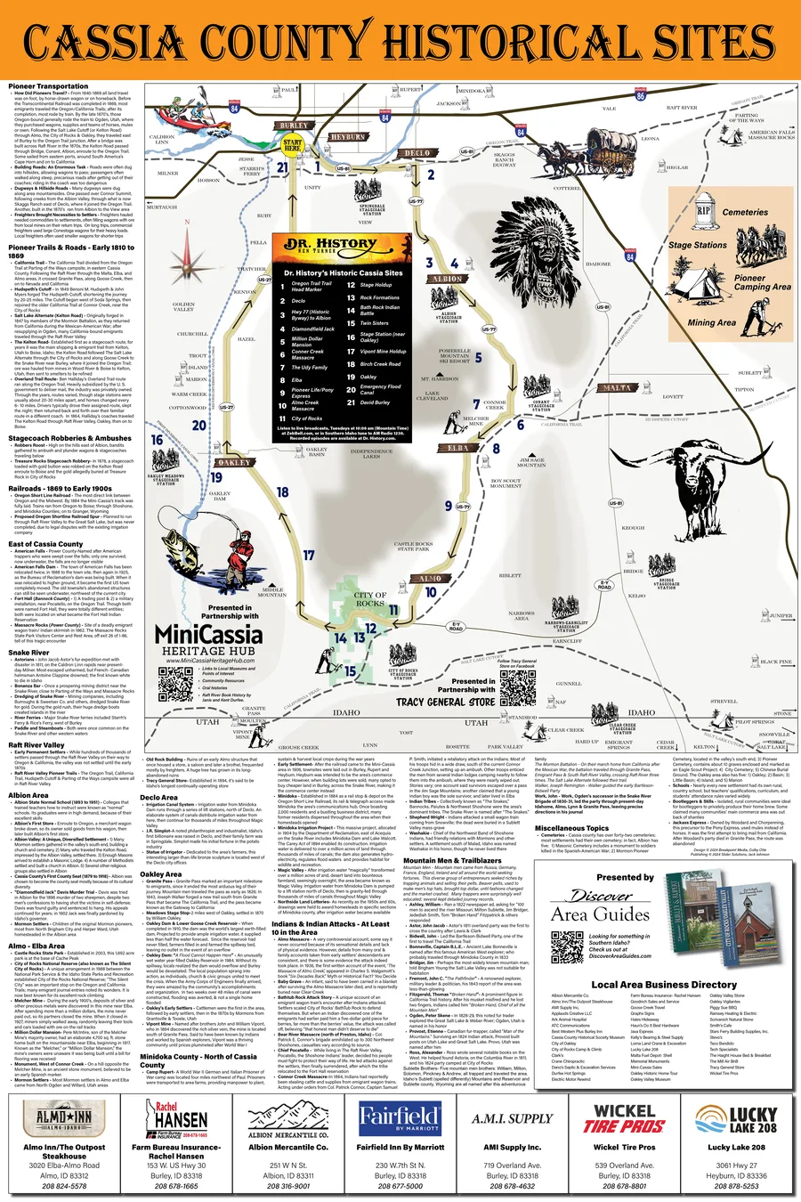 Cassia County historical sites wall map: the county with a numbered driving route, stagecoach and cemetery markers, and illustrations of a chief in a feathered headdress and a longhorn.