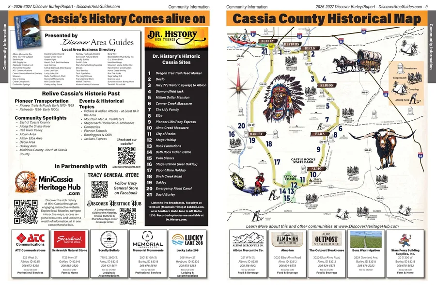 Two-page guide spread, a historical sites feature and directory on the left, the Cassia County historical map on the right.