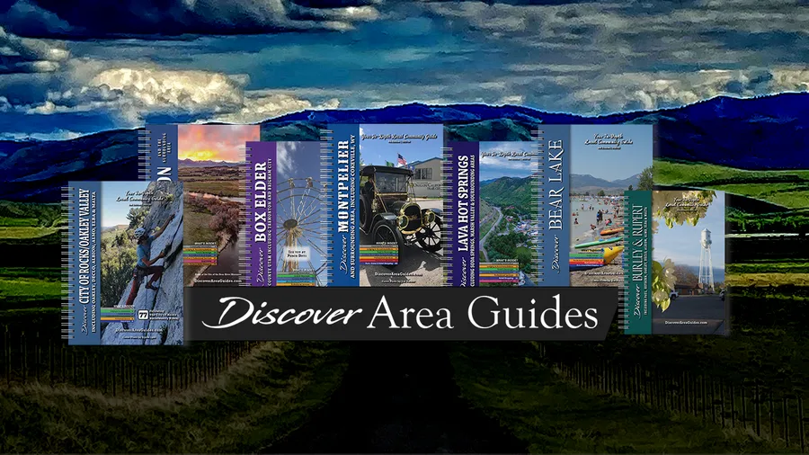 A row of Discover Area Guides covers standing in front of a mountain landscape.