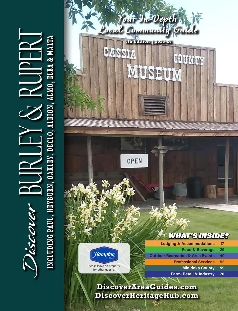Guide cover with a photograph of a historic building, the Discover Burley and Rupert title down the side, and a list of the communities covered.