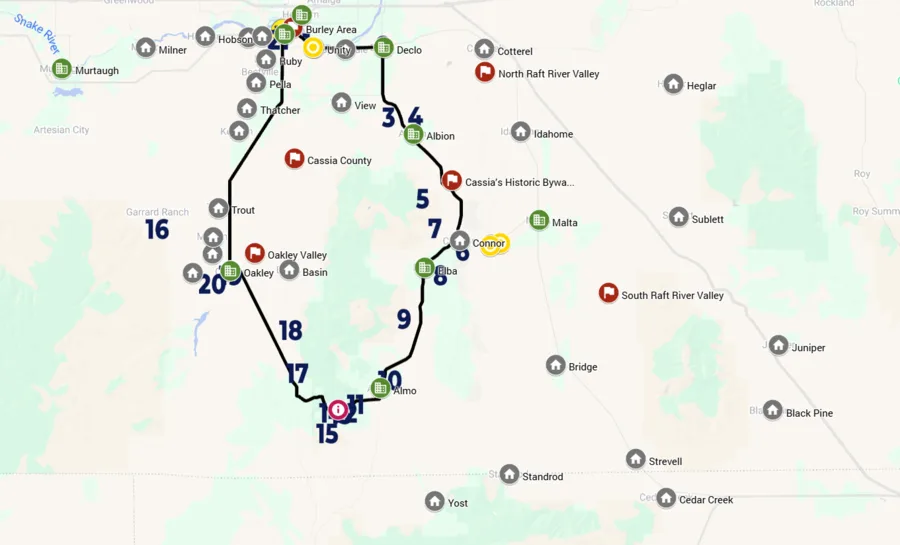 Google map of Cassia County with a numbered driving route through Burley, Declo, Albion, Oakley and Malta, and pins for towns and historic sites.