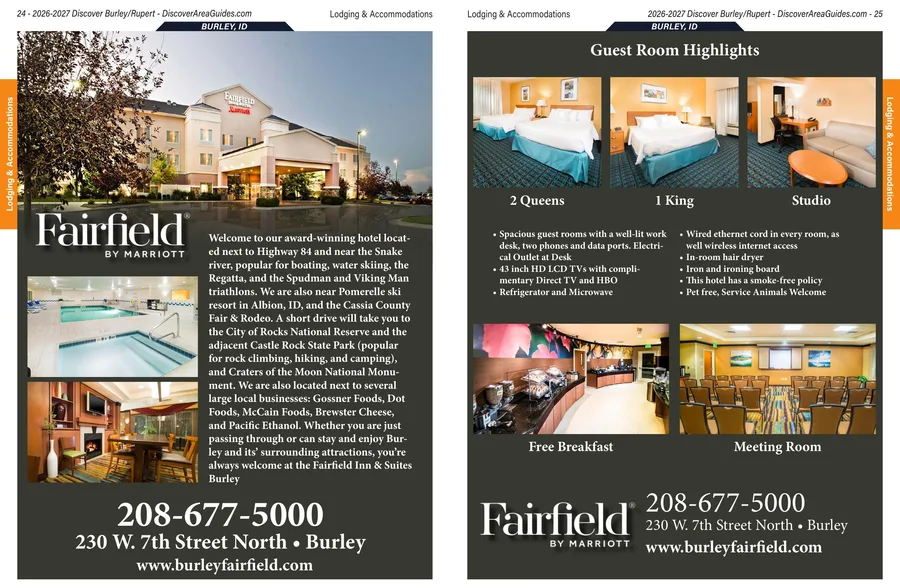 Two-page hotel advertisement with a photograph of the pool and exterior, a welcome letter, and guest room highlights on the facing page.