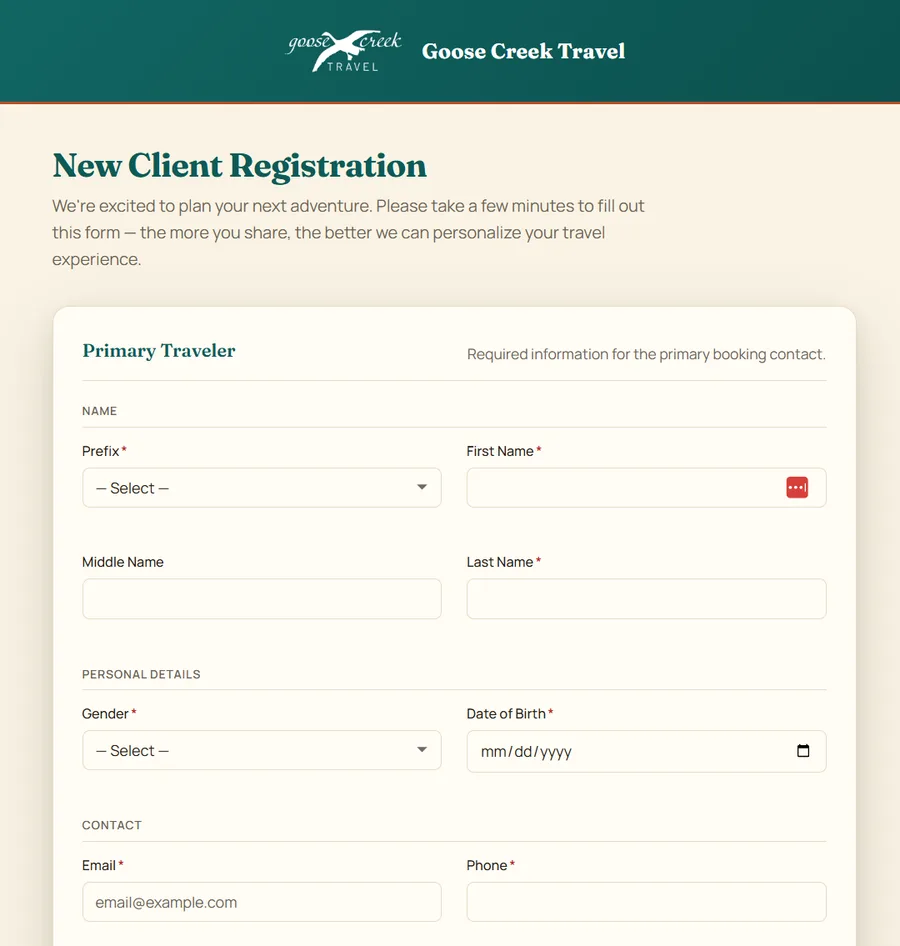 A new client registration form asking for traveller name, personal details and contact information.