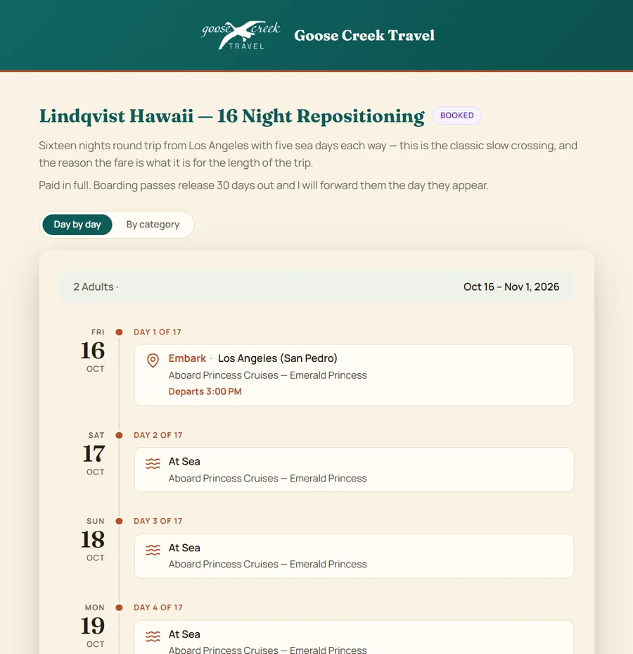 A day-by-day itinerary view for a sixteen-night repositioning cruise, each day showing the ship and port.