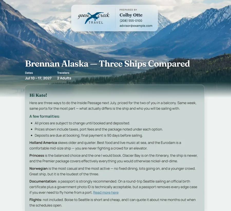 A client-facing itinerary page from the CRM, headed “Brennan Alaska — Three Ships Compared”.