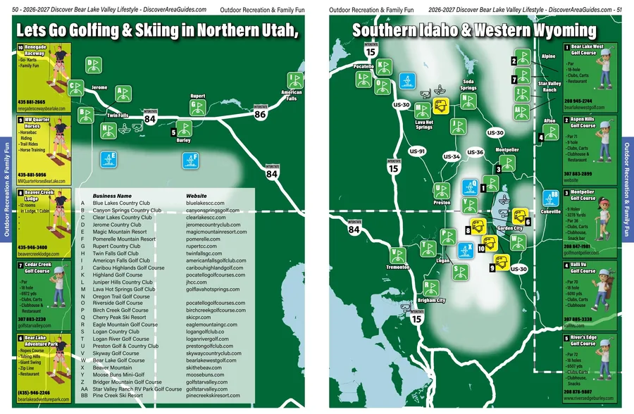 Two-page regional map with numbered markers for golf courses and ski areas, keyed to a list of names down the side.