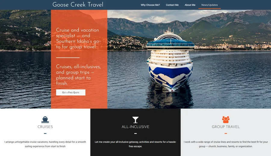Goose Creek Travel home page with a cruise ship on a mountain lake and links for cruises, all-inclusive trips and group travel.