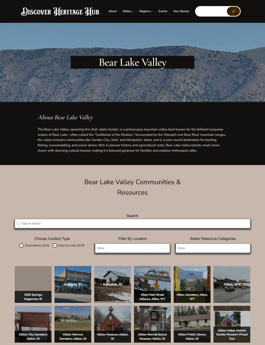 A Discover Heritage Hub region page: the Bear Lake Valley header over a regional introduction, then a search field with content type, location and category filters, above a grid of photographed destination cards.