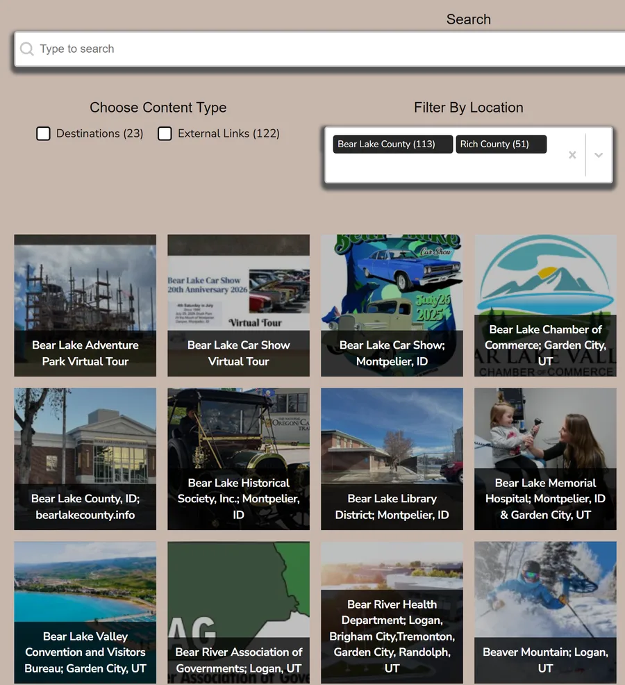 Detail of the Bear Lake Valley region page: a search field, content type checkboxes for Destinations (23) and External Links (122), and a location filter set to Bear Lake County and Rich County, above three rows of resource cards from the Bear Lake Adventure Park to Beaver Mountain.