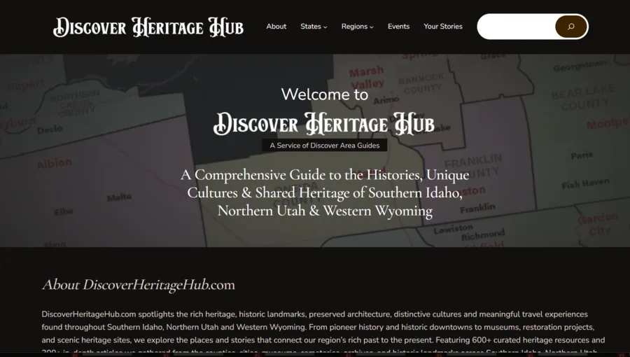 The Discover Heritage Hub home page: the site name over a regional map, with an introduction to the site below.