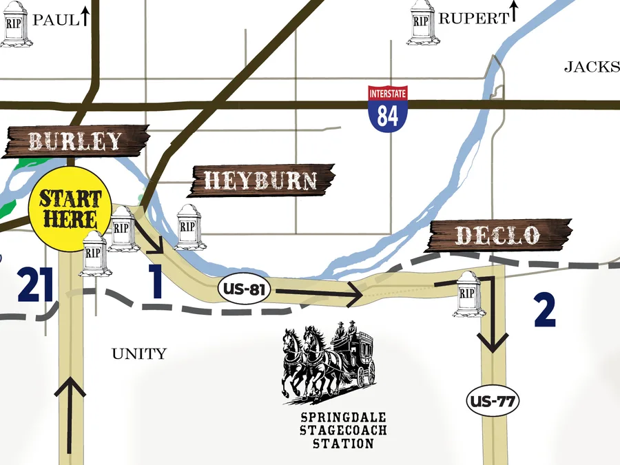 Detail of the Cassia County historical sites map around Burley: the yellow Start Here marker and the first numbered stops of the driving route through Heyburn toward Declo, with illustrated landmarks along the way.