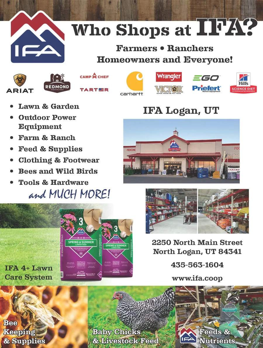 “Who shops at IFA?” ad listing store departments and brands, with photos of the Logan store, chicks, livestock feed and beekeeping supplies.