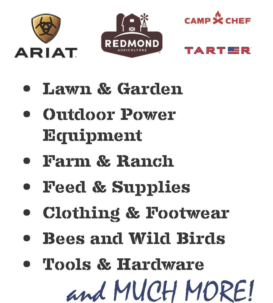Detail of the IFA ad: Ariat, Redmond, Camp Chef and Tarter logos above a bulleted list of departments — Lawn & Garden, Outdoor Power Equipment, Farm & Ranch, Feed & Supplies, Clothing & Footwear, Bees and Wild Birds, Tools & Hardware — ending “and MUCH MORE!”