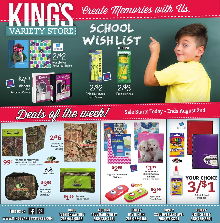 Back-to-school circular front page: a boy in a yellow shirt pointing at a chalkboard reading School Wish List, above deals on binders, pencils, notebooks and lunch kits.