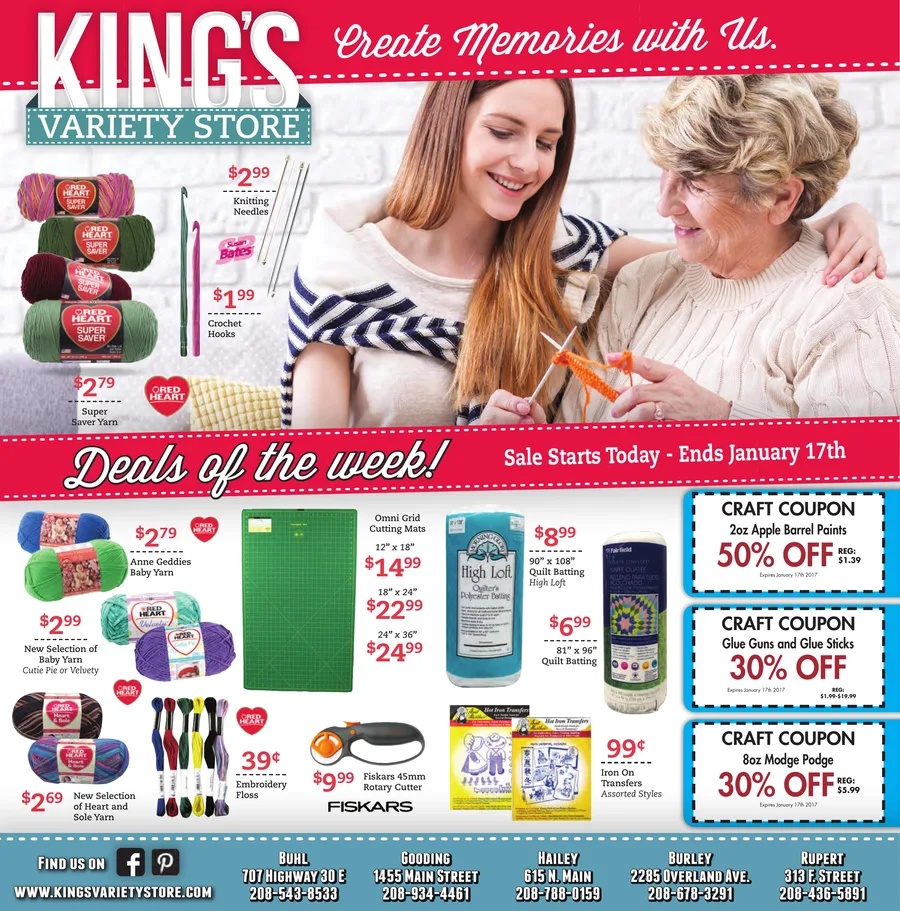 January circular front page: two women crocheting together, above yarn, knitting needles, cutting mats, quilt batting and craft coupons.