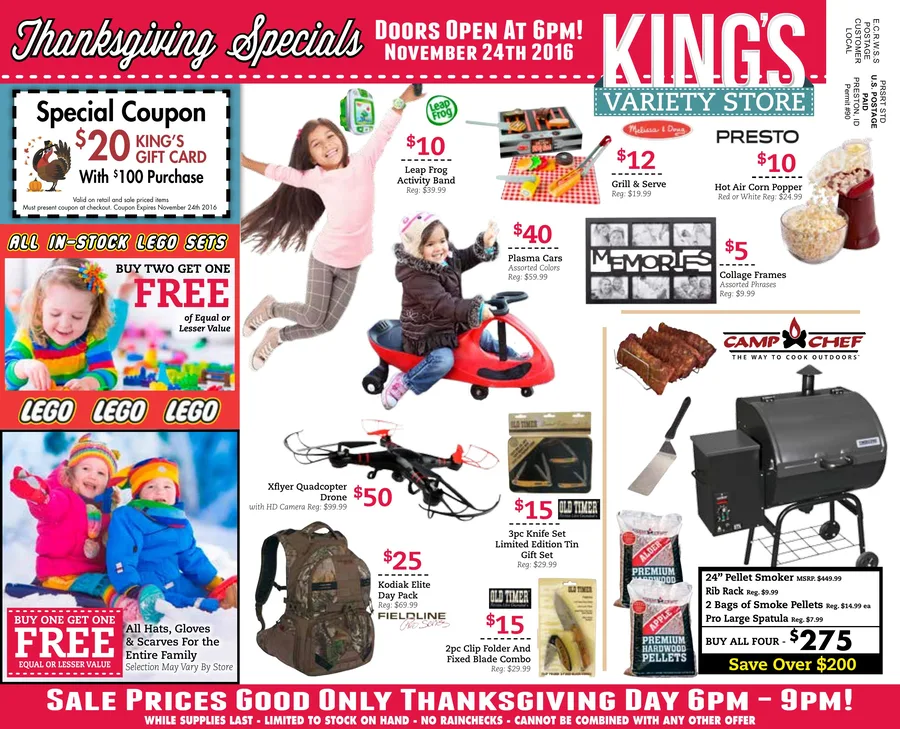 Thanksgiving Specials circular front page: a $20 gift card coupon beside a jumping child in winter clothes, above a grid of toy, drone, knife set and pellet smoker offers, under a banner reading doors open at 6pm, November 24th 2016.