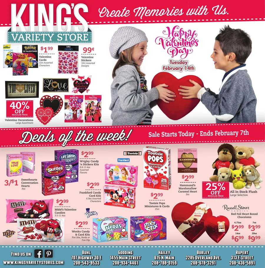 Valentine’s circular front page: two children holding a large red heart, above valentine cards, stickers, candy and boxed chocolates.