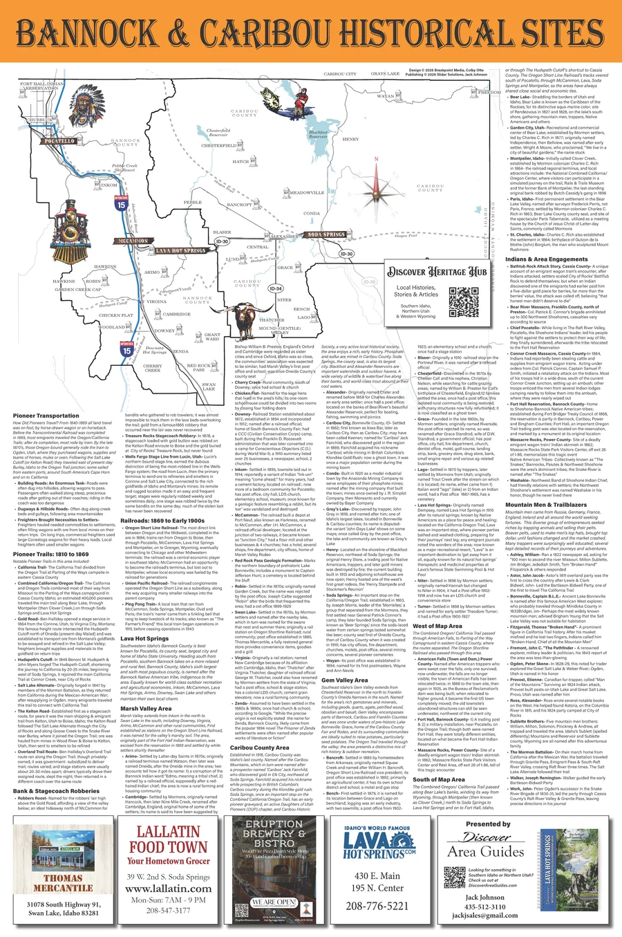 Bannock and Caribou historical sites map: a regional map with numbered sites, framed by columns of site descriptions and sponsor ads.