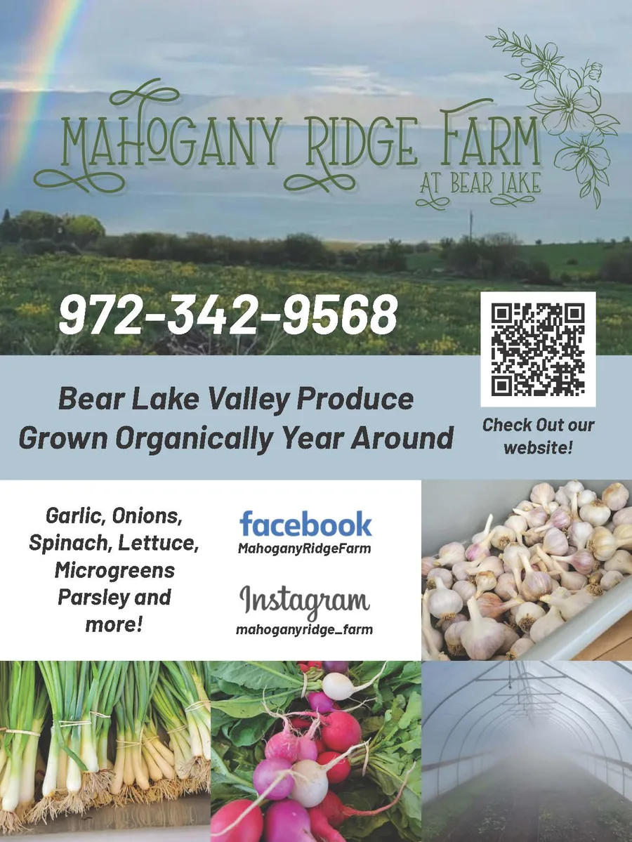 Mahogany Ridge Farm ad with the farm’s phone number, a QR code, and photos of garlic, onions and radishes.
