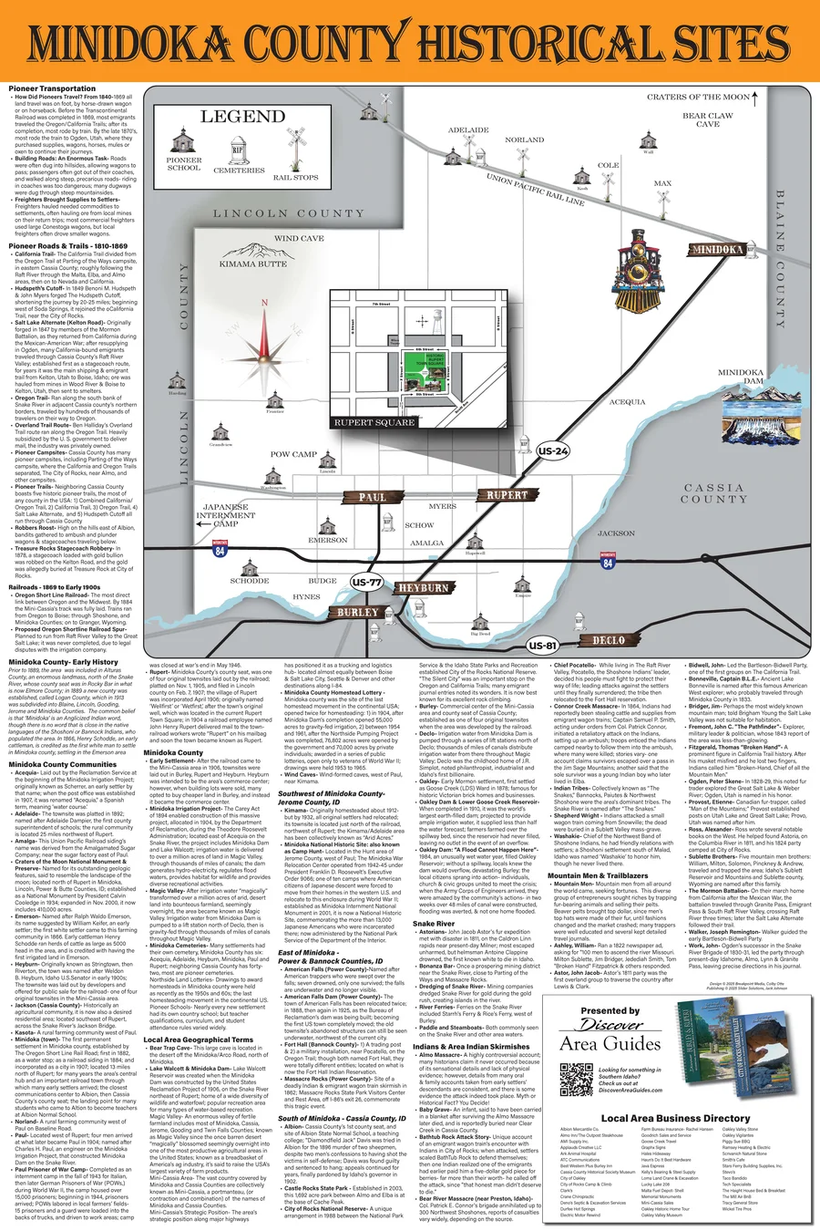 Minidoka County historical sites wall map with a legend panel, the Snake River, and illustrated markers for dams, rail stops and camps.