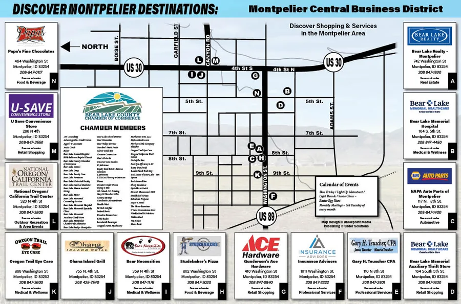 Street grid of downtown Montpelier with lettered business locations, bordered by business listings and logos.