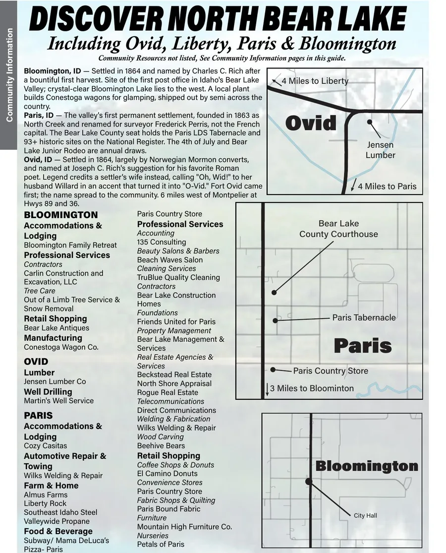 Map of the north end of Bear Lake Valley with Ovid, Liberty, Paris and Bloomington marked, beside columns of town histories and business listings.