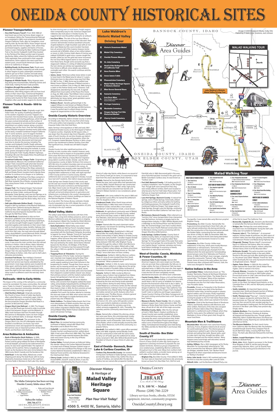 Oneida County historical sites wall map with a Malad walking tour inset, buffalo and elk illustrations, and columns of site histories.