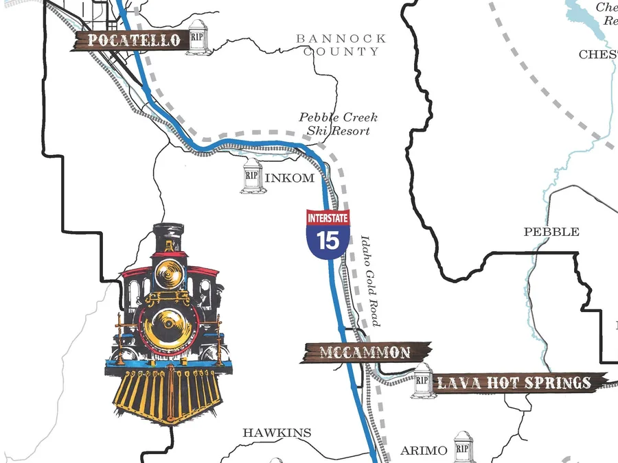 Detail of the Bannock and Caribou historical sites map: Interstate 15 running south from Pocatello past Inkom to McCammon and Lava Hot Springs, with an illustrated steam locomotive beside the route.