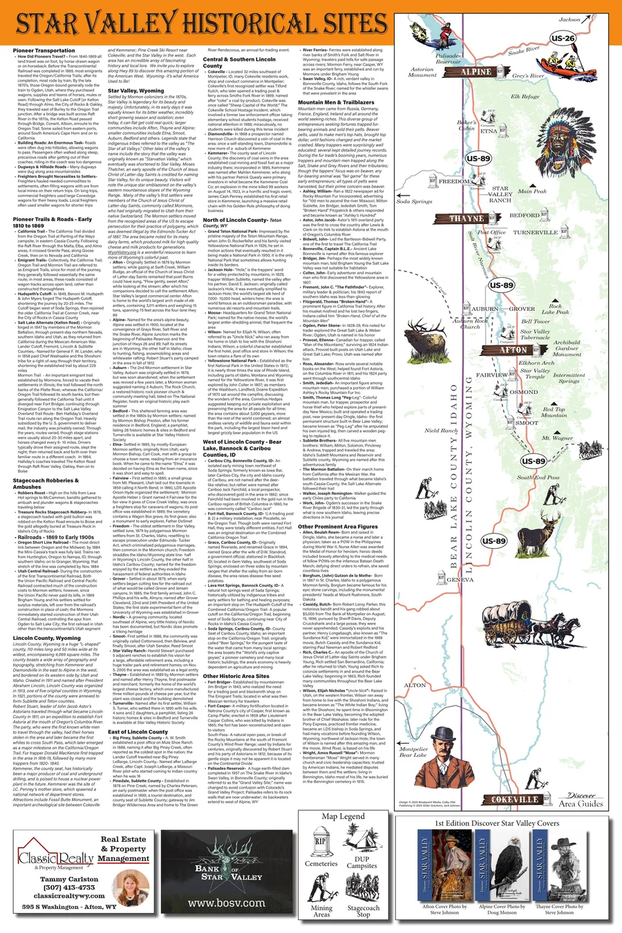 Star Valley historical sites wall map running the length of the valley, with town markers, a stagecoach illustration and site histories.