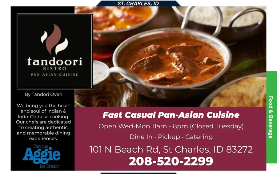 Half-page advertisement with the Tandoori Bistro logo beside a photograph of curry dishes, with hours, address and phone number.
